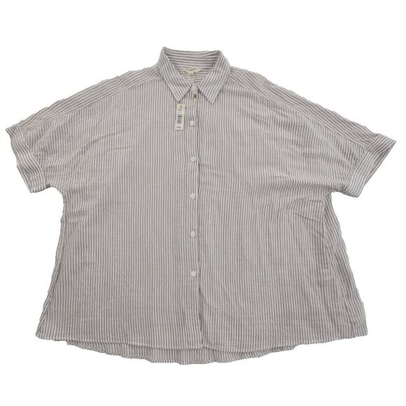 NEW Max Studio London Button Up Shirt Women's L Tan White Short Sleeve MSRP $138 - Picture 1 of 15